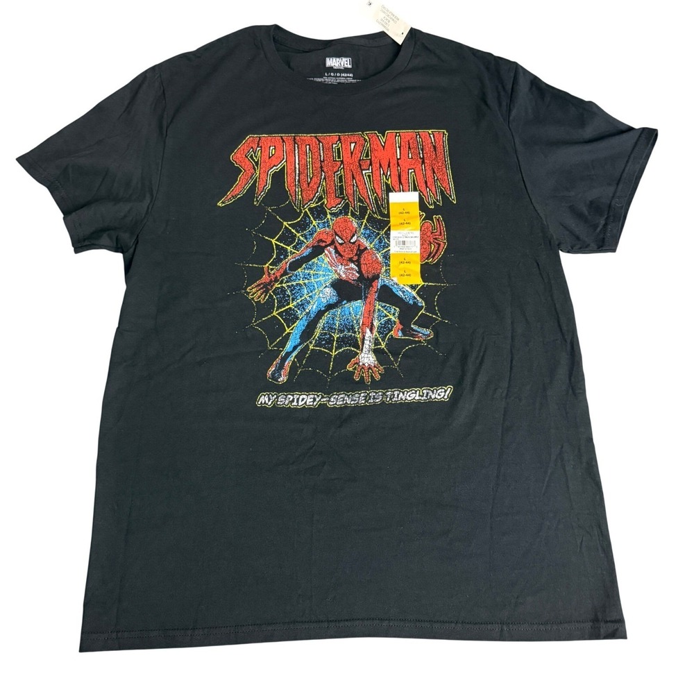 Marvel Spiderman‎ Black Graphic T Shirt Mens Size L 42/44 Web Walk Retro